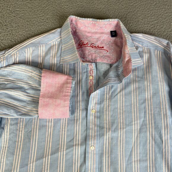 Tommy Bahama Shirt Mens 3XL Blue Pink Striped Button Flip Cuff Cotton Golf - Picture 4 of 14